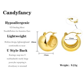 Candyfancy 18K Gold Plated Chunky Gold Hoop Earrings Lightweight Thick Huggie Hoop Earrings Hypoallergenic for Women Girls