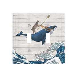 Funny Cat Riding Whale 2 Gang Double Toggle Wall Plates Sea Wave on Wood Light Switch Cover Decorative Electrical Switchplate Faceplate for Bedroom Kidroom Bathroom Decor