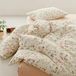 Covebett Bed Linen Cotton 135 x 200 cm Pink Flowers Colourful Flowers Small Floral Pattern Duvet Cover Set Aesthetic Botanical Flower Meadow Floral Pattern Duvet Cover Zip and Pillowcase 80 x 80 cm