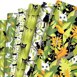 Cutie Playful Black and White Cat Pouncing on Butterflies in a Field of tall Grass and Spring Flowers, Tangled in Trees Wrapping Paper, Gothic Kitten Gift Wrap Folded Flat 6 Sheets in 6 Designs: 23 sq. ft. ttl With 22m black Silk Ribbon for for Birthday 