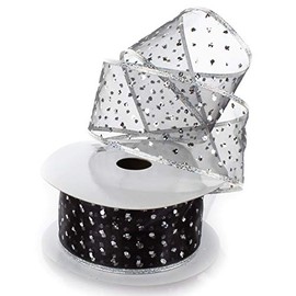 Ribbon Traditions Metallic Banded Edge Sheer Glitter Dots Wired Ribbon 2 1/2" by 25 Yards - Black/Silver
