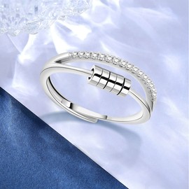 EUDORA Harmony Ball Anxiety Ring for Women Girls 925 Sterling Silver Anti-Stress Ring Adjustable Spinner Rings Fidget Ring for Anxiety Stress Relief for Women, Gift for Women, Sterling Silver, Cubic