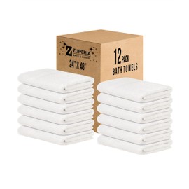 ZUPERIA White Bath Towels Bulk 12 Pack - 24 x 48 Inches, 100% Cotton Economy Light Weight Towels for Commercial Use - Quick Dry, Ultra-Soft, and Absorbent Bulk Towels