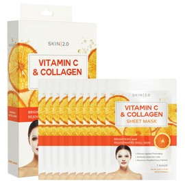 Skin 2.0 Vitamin C & Collagen Sheet Mask - Anti-Aging, Wrinkle & Age Spot Reducer, Hydrating & Moisturizing - Dermatologist Tested Korean Skincare, Clean Beauty, All Skin Types - 10 Count