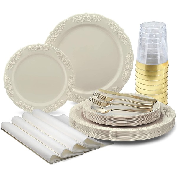 " OCCASIONS " 640 Piece set (80 Guests)-Vintage Wedding Party Disposable Plastic Plates & cutlery -80 x 10.25'' + 80 x 7.5'' +Gold Silverware + Gold rim Cups + Napkins (Portofino Plain Ivory)
