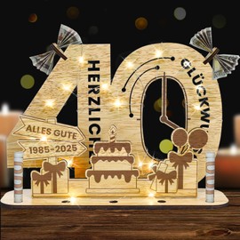 Belillpipi 2025 Original 40th Birthday Decoration Birthday Wood with LED, Women & Men Money Gifts Birthday Pixel Retro Wooden Sign Guest Book for Gifts, Parties, Birthdays, Anniversary