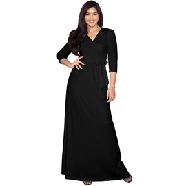 KOH KOH Plus Size Womens Long 3/4 Half Sleeve Sleeves Flowy V-Neck Casual Fall Winter Empire Waist Evening Cute Full Floor-Length Gown Gowns Maxi Dress Dresses, Black XL 14-16