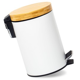 GREELUE 3L Bathroom Bin with Wooden Lid, Cosmetic Bin with Soft Close Mechanism, Bathroom Bin, Waste Bin Bathroom (White, 3L)