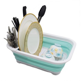 SAMMART Collapsible Plastic Dish Drainer - Foldable Drying Rack Set - Portable Dinnerware Organizer - Space Saving (1, White/Lake Green (w/o Base Board))