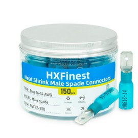 HXFinest 150 pcs Blue Heat Shrink Male Spade Connector - Electrical Quick Disconnect Wire Connectors 16-14AWG (Blue -Male Spade)