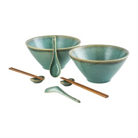 Large Salad Soup Ramen Serving Bowls, 71 OZ Ceramic Japanese Ramen Noodle Bowl with Chopsticks, Spoons and Rests - Super Big Bowl Sets for Udon, Pho, Pasta, Cereal, Set of 2 - Reactive Green