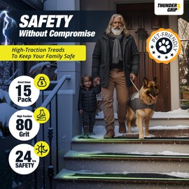 Grip Tape for Stairs 30" x 8" - 15-Pack Glow in the Dark Outdoor Stair Treads Non-Slip Weather Resistant - Anti Slip Tape for Exterior Wooden Steps - Waterproof 80-Grit Adhesive Treads by Thunder Grip