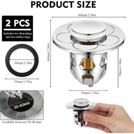 Set of 2 Universal Sink Drain with Pop Up and Anti-Clog Filter Bathtub Plug for Sink and Kitchen High Quality Accessories for Bathroom and Kitchen Drain (34-40mm)