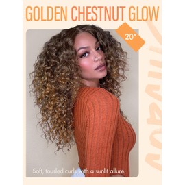 GORGIUS Brown to Blonde Ombre Curly Wig Glueless Synthetic Lace Front Wigs Pre Cut Pre Plucked Hairline 20 Inch