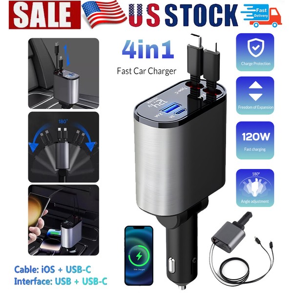 Retractable Car Charger 4 in 1 Fast Car Phone Charger