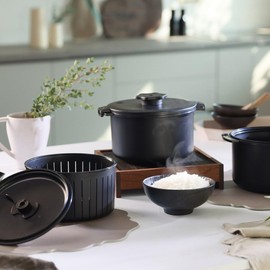 Banu Microwave Rice and Pasta Cooker Steamer with Strainer - Ceramic, Far Infrared Rays, Low Carb Function, 8-Cup Capacity, Mess-Free Design, Dishwasher Safe - 2.4 Liter