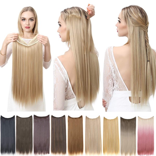 SARLA Halo Hair Extensions Dirty Blonde Secret Wire Headband Straight Long Synthetic Hairpieces 22 Inch for Women Heat Resistant Fiber No Clip (M02&16H613)
