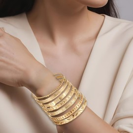 Tweruna 7PCS Gold Bangles, Gold Bracelets for Women, Multi Layer Stackable Cuff Bracelet Set, Fashion Accessories, Indian Open Cuff Bracelet, Jewelry Gifts, Non Tarnish,Trendy