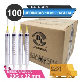 DL  100 Jeringas De Plástico 10 Ml Con Aguja 20x32 Envío Gratis