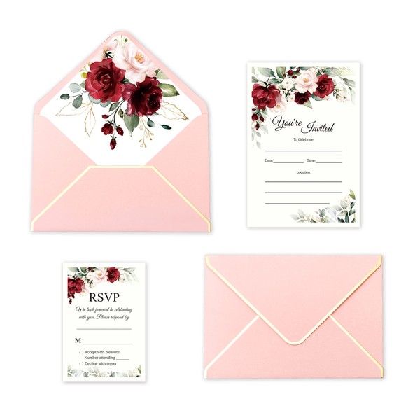 DORIS HOME 25pcs Pink Fill-in Wedding Invitations with Envelopes and RSVP Cards with Burgundy Rose and Envelope with Gold Border for Engagement/Quinceanera/Bridal Shower/ Anniversary