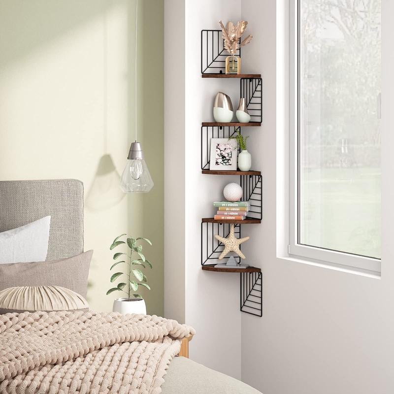 Love-KANKEI Corner Shelf Wall Mount of 5 Tier, Rustic Wood