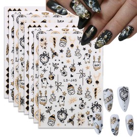 Christmas Nail Art Stickers Gold Glitter Snowflake Clock Nail Decals 3D Self-Adhesive New Years Snowman Bell Butterfly Nail Design Cute Winter Xmas Elk Penguin Nail Supplies for Women Girls 8 Sheets