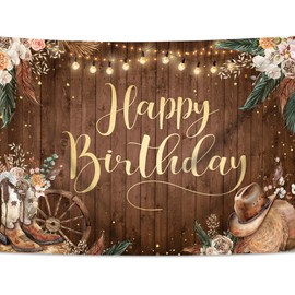 SVBright Western Cowgirl Birthday Backdrop 7Wx5H Pampas Grass Country Wild West Rustic Wooden Boho Flower Retro Boots Hat Farmhouse Decorations Photography Background Banner Photo Booth Studio