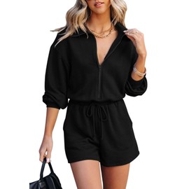 Fixmatti Women's Summer Long Sleeves Rompers V Neck Quarter Zip up Sports Shorts Jumpsuits Black L