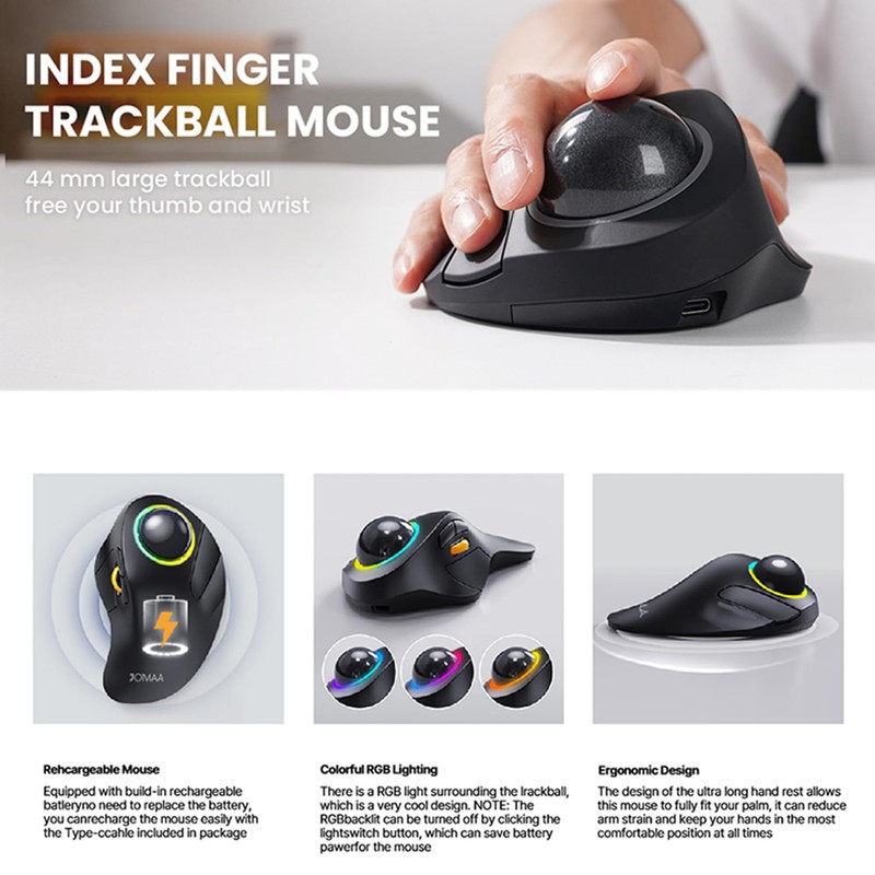 JOMAA Wireless Bluetooth Trackball Mouse with RGB Backlight,Finger Control, 3