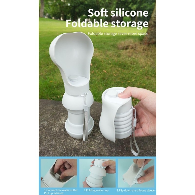 Portable Dog Water Bottle with Foldable Bowl, 550ml, White, Leak-Proof