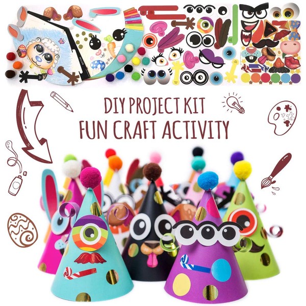 Party Hats Making Activity Kit of 12 c/w Pompom & Stickers. Group Activities, DIY Art & Craft Home Project. Birthday, Christmas, New Year, Easter & Fiesta Decoration for Kid. Boys & Girls Game Supply