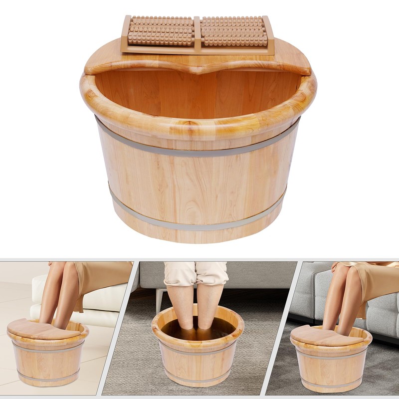 AngelcityCC Wood Foot Tub with Massager and lid, Solid Wood