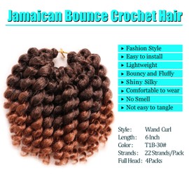 Kenkenten Paquete De 4 Mechones De Cabello De Ganchillo Con Rebote De Jamaica, 6 Pulgadas, Mechones De Cabello De Ganchillo Rizados Para Mujeres Negras (6 Pulgadas (Paquete De 4)) T1B-30#