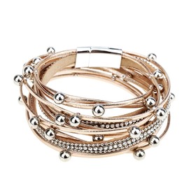 Gleamart Multi-layer Leather Beads Bracelet Wrap Cuff Bracelet for Girls Women, One Size, Leather, Without Stone, One Size, Leather, without stone