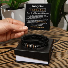 To My Son Black Braided Leather Bracelet From Dad And Mom, Inspirational Multi-layer Braided Leather Bracelet, Graduation, Birthday, To My Son Bracelet From Dad In Box (Two Tone Box)