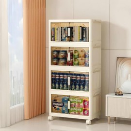 SHELLAJUN Storage Bins with Lid, 144QT Plastic Storage Bin, Collapsible Storage Bins with Wheels, Storage for Home Office, Storage Cabinet, Stackable Storage Bins, 4-Tier