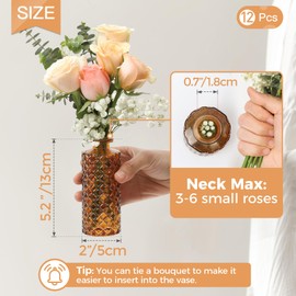 ComSaf Glass Bud Vases Set of 12, Small Diamond Bud Vases in Bulk, Mini Flowers Vases for Centerpieces, Vintage Bottle for Table Decorations, Wedding Decor, Recepetion, Home, (Amber)