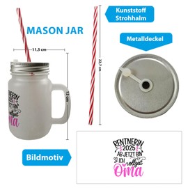 speecheese Pensioner - Vollzeit Oma 2025 Mason Jar with Handle Drinking Glass with Lid Elegant Design in Black and Pink Perfect for Any Pensioner with Loving Lettering and Heart Shapes