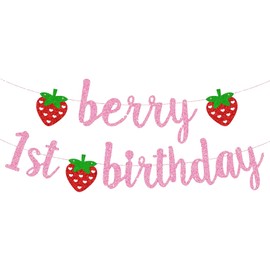UgyDuky Berry First Birthday Glitter Banner Pink Berry 1st Birthday Banner Decoration Cute Baby Girls One Year Old Birthday Background for Strawberry Themed Party Favors Baby Shower Photo Props Decor Supplies