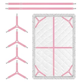 Eiruseed Bed Sheet Holder Straps, 4+2 Pcs Adjustable Mattress Sheet Clips, Bed Sheet Fasteners Elastic Sheet Suspenders to Keep Bed Sheet in Place for Different Beds (Pink)