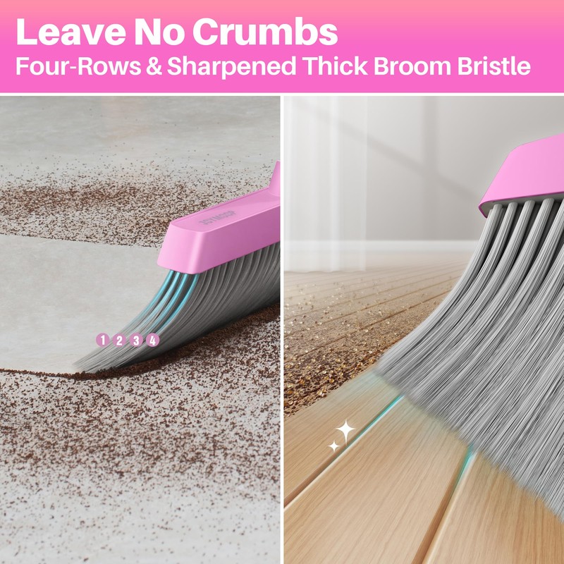 JOYMOOP Pink Broom and Dustpan Set, Upright Angle with Built-in