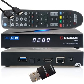OCTAGON SX888 4K UHD IP H.265 HEVC Smart TV Set-Top Box - Sat to IP TV Receiver, Media Server, DLNA, YouTube, Web-Radio, App iOS & Android App, gratis EasyMouse HDMI-Kabel + 300 Mbit/s WLAN Adapter