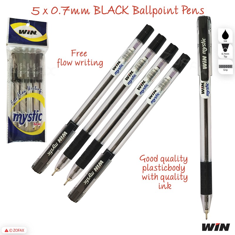 WIN 5 x 0.7mm Biro Tip Ball Pens Mystic BLACK