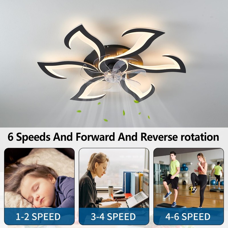 Ruibutrade Black Flower Modern Ceiling Fans with Lights, Low Profile
