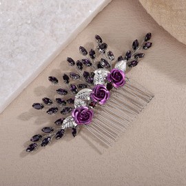 Teyglen Purple Rhinestone Headpiece Vintage Flower Wedding Hair Comb Crystal Bridal Side Comb Flower Leaf Hair Piece Hair Accessories Jewelry for Women (Purple)