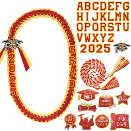 Moerstar Graduation Ribbon Leis Class of 2025 DIY Grad Lei Money Leis Set with Braided Necklace Honor Cords Embroidery Accessories for Graduation Gift Party Decorations (Red)