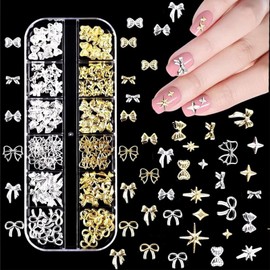 Kinretixia Nagelanhänger mit goldenen und silbernen Schleifen, Nagelkunstdekoration aus Metall, Glitzersteine ​​aus Legierung, Nageledelsteindekoration für Nageldesign-Zubehör