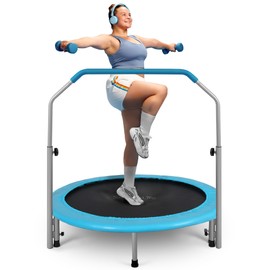 SereneLife 40" Foldable Mini Trampoline - Compact Fitness Trampoline for Kids Adults, Exercise Rebounder with Adjustable Foam Handle, Indoor/Garden Workout Equipment, Max Load 200 lbs, Sky Blue