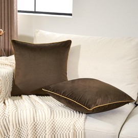 Aeckself Pack of 2 Dark Brown Velvet Pillow Covers 18 x 18 Inch, Modern Luxury Decorative Pillowcase with Gold Trim Edge, Comfortable Soft Solid Cushion Case for Couch Bedroom Living Room