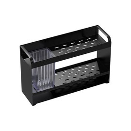 2-Tier Kitchen Sink Organizer Caddy, Black Metal, 11.42x7.09x3.54 Inch, With Brush Holder and Self-Draining Tray, Counter Storage Rack for Sponge and Cleaning Supplies